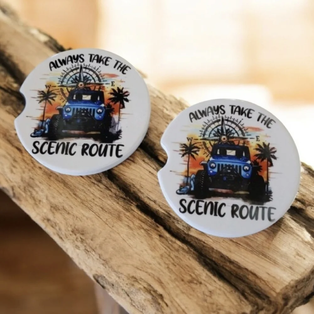 Set Of 2 Ceramic Car Coasters Always Take the Scenic Route